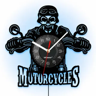 Viiluuxr LED-Motorrad-Wanduhr 30 cm, leise Vinyl-Uhr, Biker Totenkopf Deko