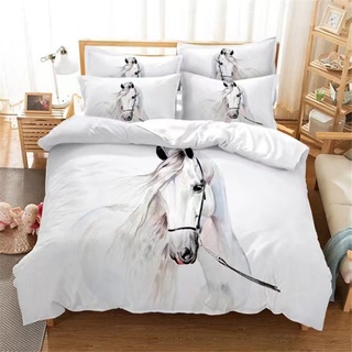 MIQEBX Kinder Bettwäsche Set Pferde Bettwäsche Set 135x200cm,3D Tiere Weiß Pferd Motiv Bettbezug mit Reißverschluss und 2 Kissenbezug 50x75cm