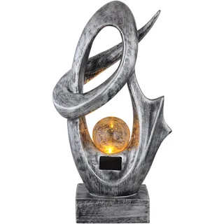 Solarlampe für Außen Garten Deko Terrassen Lampe Außen Boden Solar Lampe Outdoor stehend, mit Feuereffekt, Skulptur silber, Crackle Glaskugel, 1x LED 3000K, BxH 25,5x45 cm