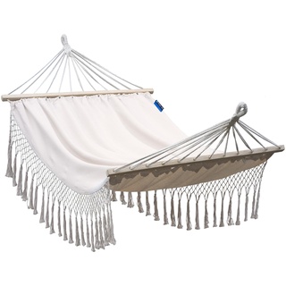 Potenza Hängematte Baumwolle Stabhängematte XXL 220 x 160 für 2 Personen, Belastbarkeit bis 200 kg Doppelhängematte (Santia-Ecru)