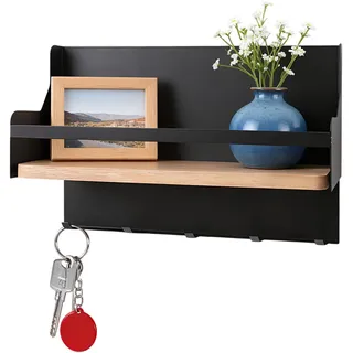 Rylae Schlüsselregal mit Ablage Schwarz, Schlüsselhalter Wand mit 5 Haken, Schlüsselleiste Metall Holz, Wandregal mit Schrauben für Eingang Flur Zimmer Küche Büro