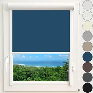 Kassettenrollo Thermorollo Verdunkelungsrollo Fenster Rollo mit Kassette und Führungsschienen zentimetergenaue Maßanfertigung Montage zum Kleben ohne Bohren Silberne Beschichtung Farbe Blau