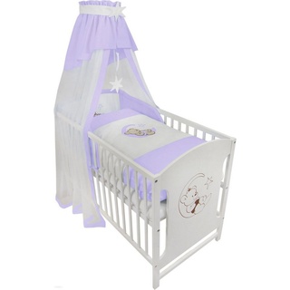 Babyhafen Komplettbett 60 × 120 cm Babybett Teddy auf dem Mond Gitterbett Kinderbett, inkl. Matratze, Himmel, Nestchen & Bettwäsche lila