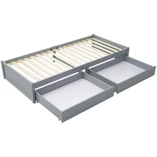 Merax Massivholzbett 90X200 mit 2 Schubladen und Lattenrost Modernes Einzelbett aus Holz mit Bettkasten Grau