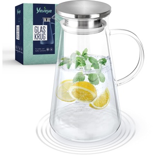 Yavaya | Premium Glaskaraffe − 2L Wasserkaraffe − Hitzebeständiges Borosilikatglas − Glaskaraffe mit Deckel Edelstahl − Karaffe aus Glas