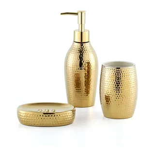 Seifenspender Set Gold, 3-TLG Badzubehör Set aus Keramik, Seifenschale und Luxuriöses Zahnputzbecher Set für Badezimmer & Gäste-WC
