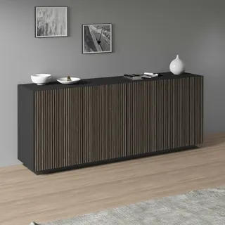 Sideboard HOME AFFAIRE "Vega Sideboard,Kommode,200 cm", schwarz (anthrazit matt, canneté dunkel), B:200cm H:86cm T:43cm, Sideboards, Sideboard, mit 4 Türen,Fronten mit Rillen-Optik