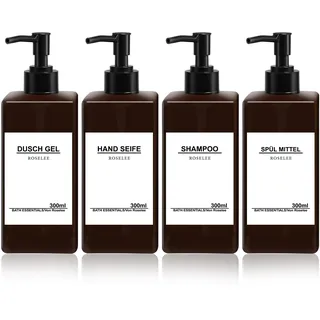 4er Seifenspender Set Braun, 300ml Seifenspender Dusche, Kunststoff Nachfüllbare Pumpspender mit Trichter und Wasserdichten Etiketten Vintage Shampoo Flaschen zum Befüllen für Küche Badezimmer Bad