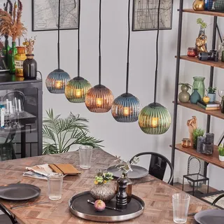 HOFSTEIN Pendelleuchte Koyoto, moderne Hängelampe aus Metall/Riffelglas in Schwarz/Grün/Blau/Kupfer, Hängeleuchte im Retro/Vintage-Design, Schirme Ø 15 cm, Höhe max. 135 cm, 5 x E27, Esszimmer, Küche
