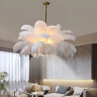 AstrizLamp Feder HäNgelampe Weiß, Feder Lampe Nschirm Kronleuchter Wohnzimmer Kreative Dekorative Nordische Pendelleuchte Mit LED Deckenstrahler 4500K für Schlafzimmer Esszimmer Kinderzimmer 100cm