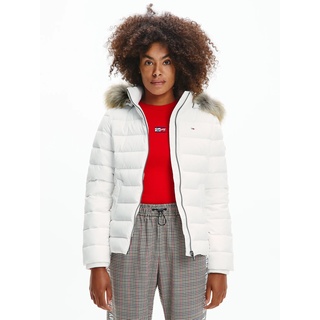 Daunenjacke TOMMY JEANS "TJW BASIC HOODED JACKET" Gr. M (38), weiß (white) Damen Jacken Kurze mit Fellimitat an der Kapuze & Tommy Jeans Logo-Flag Bestseller