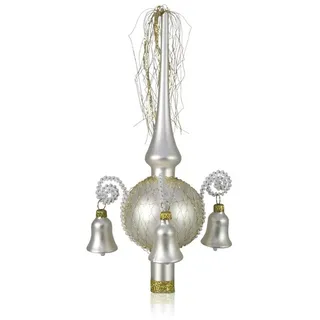 Lauschaer Glas Christbaumspitze Weihnachtsbaumspitze mit klingenden Glöckchen, mit Leonischem Draht, mundgeblasen, handdekoriert, handbemalt, in Lauscha hergestellt weiß