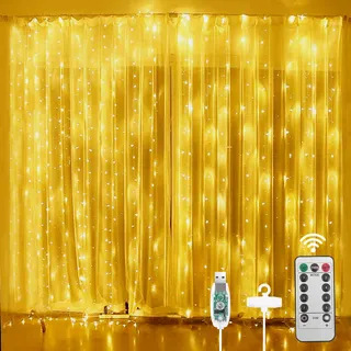 Aomig Lichtervorhang 3x3m, 300 LEDs Lichtervorhang mit10 Haken&Fernbedienung, Lichterketten Vorhang Innen USB, 8Modi, IP65 Wasserdicht, für Weihnachten, Hochzeit, Party deko - Warmweiß