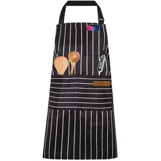 OWill Kochschürze Damen & Herren, Verstellbare Latzschürze mit Taschen, Baumwolle Leinen Optik Küchenschürze Schwarz Weiß Gestreift, Profi Schürze für Kochen Backen Grillen & Garten - L