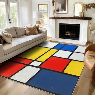 Generisch Mondrian Teppich Wohnzimmer 100x150 cm, Waschbarer Teppich Blau-Gelb-Rot Geometrisch, Weich Kurzflor Teppiche, rutschfest Fußmatte Bettvorleger Schlafzimmer ZY&L19