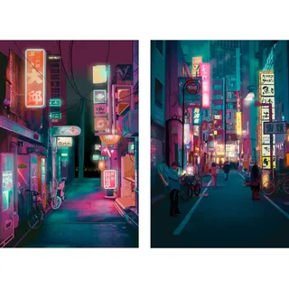 Japan Art Poster Set von 2 – Japanischer Druck Kunstwerk auf Leinwand Rolle – Großes Tokyo Anime Wandkunst Poster Geschenk – Moderne Nacht Stadt Bild Wanddekoration für Schlafzimmer Küche Wohnzimmer