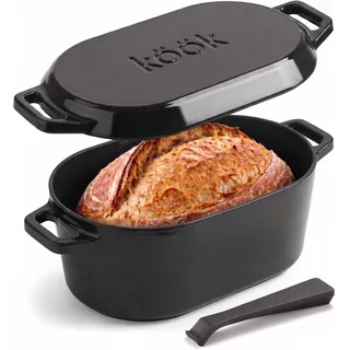 KooK Ovaler Dutch Oven, zum Brotbacken, Sauerteig-Kastenform, mit Deckel, Doppelgriffe, emailliertes Gusseisen, inklusive Deckelhebel, spülmaschinenfest, 3,4 Qt, Schwarz