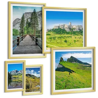 BILDER SET 5er Set - 50x50 cm & 20x30 cm & 40x60 cm Goldrahmen - Wasserfälle, Berge, Wolken, Herbst