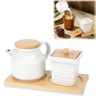 mumisuto Milch und Zucker Set,Milchkännchen Keramik und Zuckerdose mit Deckel und Löffel,Keramik Sahnekännchen Milchbehälter mit Holztablett für Küche,Mikrowellen und Spülmaschinenfest (Quadratisch)