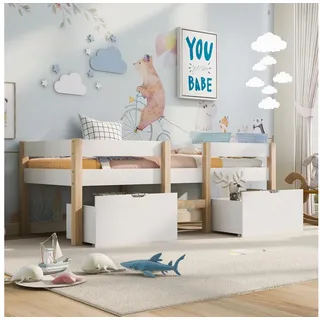 Merax Hochbett mit Schubladen, Kinderbett Kiefer mit Leiter, Einzelbett 90x190cm 97 cm x 198 cm x 77 cm