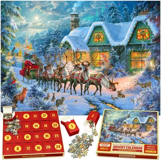 Der Original-Puzzle-Adventskalender 2025 – Weihnachtszauber, 24 Boxen à 1008 Teile, Weihnachts-Countdown, Spaß für Kinder, Erwachsene, Familie, offizielles Kunstwerk von Abraham Hunter