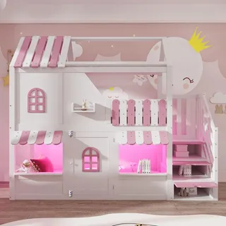 Merax Etagenbett Hochbett 90x200cm mit Stauraumleiter und Fenstern, Hausförmiges Design mit Dach, Kinderbett mit LED-Beleuchtung und Regale,Weiß+... - Rosa