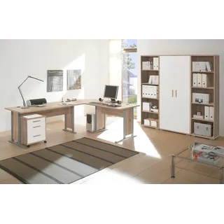 moebel-dich-auf Büromöbel-Set OFFICE LINE, (Spar-Set, 5-tlg., Winkelschreibtisch mit Rollcontainer + Aktenschrank + 2 Aktenregale), in Eiche Sonoma / weiß matt beige