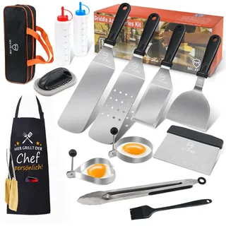MUJUZE Grillspachtel Set, Grill Geschenk für Männer für Männer & Familie | Professionelles Edelstahl Teppanyaki-Plancha-Grillzubehör-Set im Koffer – für Outdoor, Camping & mobilen Einsatz