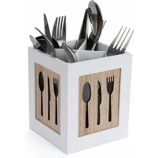 Besteckkasten aus Holz - Besteckkorb für Löffel, Gabel, Messer - Dekorativer Besteckkasten mit Besteckmuster - für Esstisch, Küche, Restaurant - Weiß