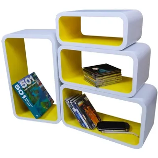 VG line Wandregal 4er Set Cube, Retro Design Würfelregal aus MDF, Schweberegal Set für Wohnzimmer, Schlafzimmer & Flur (Weiß/Gelb)