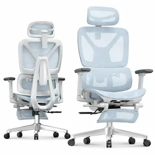 FLEXISPOT ErgoX Ergonomischer Bürostuhl mit Fußstütze Blau | 3D-Armlehnen, 3D-Kopfstütze, 5 Fach höhenverstellbare Rückenlehne, Atmungsaktiver Mesh Sitz, Arbeitsstuhl
