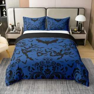 100% Baumwoll Fledermaus Bettbezug 135x200,Damast Retro Blumen Tröster Bezug,Halloween Thema Viktorianische Barock Bettwäsche Set für Schlafzimmer,Blau Schwarz Gothic Tiere Bettbezug