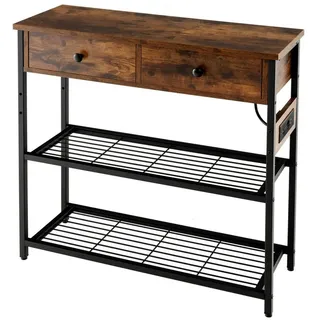 COSTWAY Konsolentisch, schmal, mit 2 Schubladen&Ladestation, Holz 30x81x81cm braun