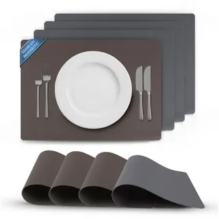 BestLivings Tischset (4er Set) abwischbares Lederimitat Platzdeckchen 46x33cm - Doppelseitiges Unifarben (Grau/Dunkelgrau) Kunstleder Platzset