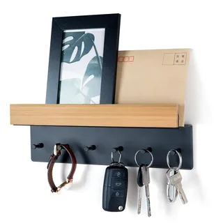 Schlüsselbrett Holz mit Ablage, Schlüsselhalter Schlüsselregal mit 6 Haken