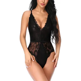 EVELIFE Body Damen Sexy Dessous EIN Stück Teddy Babydoll Spitze Bodysuit Lingerie V-Ausschnitt Unterwäsche Nachtwäsche, Schwarz, S - S