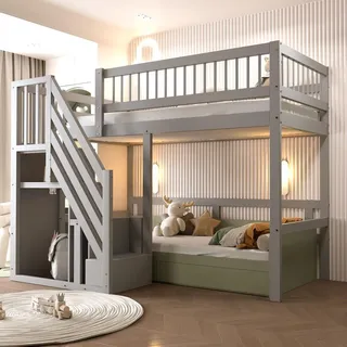 Merax Etagenbett 90x200cm mit Treppe und Stauraum, Hochbett mit Rausfallschutz und Lattenrost,Einzelbett Kinderbett Holzbett Jugendbett Stockbett,Grau - Grau