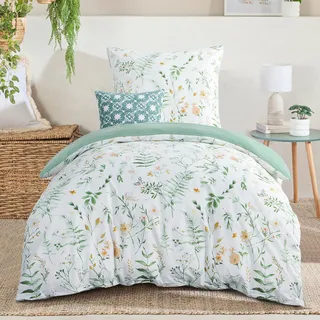 Aisbo Bettwäsche 155x220 Bettdeckenbezug - Bettwäsche Set 155 x 220 cm Blumen Grün Muster mit Kissenbezug 80x80 cm, Mikrofaser Bettbezug mit Reißverschluss, Bügelfrei und Weich