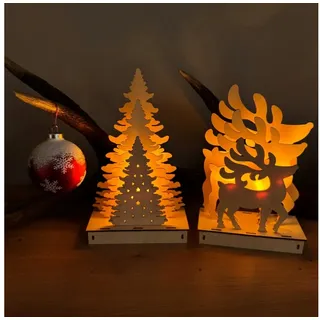 Online-Fuchs LED-Dekofigur - 2er Set Weihnachtsfiguren Rentier und Tannenbaum (Warmweiß oder Farbwechsel möglich), 6 Stunden Timerfunktion, Weihnachtsdeko braun