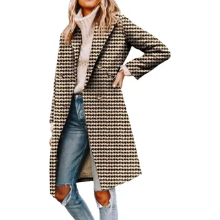LLECDASEUI Womens Notched Revers Kragen Doppelreihiger Erbsenmantel Winter Wollmischung Über Mäntel Lange Jacken (Hahnentritt,L) - L