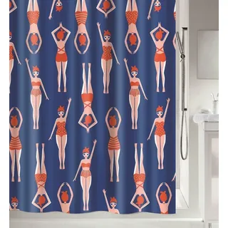 spirella Duschvorhang BAIGNEUSES Breite 180 cm, Premium Textil-Duschvorhang, 100% Polyester, wasserabweisend, Anti-Schimmel-Effekt, waschbar 30°, Made in Europe, sommerliches Motiv im Retro-Style, Farbe blau/rot, Größe 180 x 180 cm blau|rot 180 cm x 180 cm