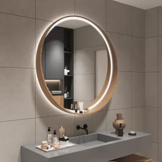 PHQCIV Holzrahmen-Spiegel Mit Beleuchtung Und Antibeschlagfunktion, Runde LED-Badezimmerspiegel,50CM|60CM|70CM|80CM, Beleuchteter Kosmetikspiegel Mit 3-farbig Dimmbar(Natural Wood Colour,50cm)
