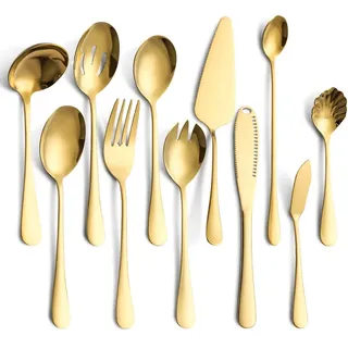 11-teiliges Servierbesteck-Set, Edelstahl-Servierutensilien-Set, inklusive Kuchenheber, Servierlöffel, Buttermesser (Gold)
