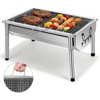 SunJas Holzkohlegrill Edelstahl Holzkohlegrill Campinggrill, Tragbarer Klappgrill Tischgrill, Mini BBQ Grill für Picknick Camping, Grillfläche 40x27cm für 3-5 Personen