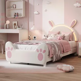 Kinderbett 140x200 mit LED-Streifen, Polsterbett für Mädchen, Doppelbett 140x200 mit Verstellbares Kopfteil in Hasenform, Gästebett Bettgestellmit Lattenrost aus Holz, Samt, Ohne Matratze