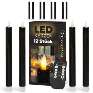 Stabkerzen LED mit Timer SCHWARZ 12 Stück indoor 6 Stunden ECHTWACHS 23cm Höhe für Kerzen 2,2cm Durchmesser 2 AAA Batterien notwendig LED Stabkerzen 4er Set SCHWARZ (drei Mal) bewegliche Flamme Licht