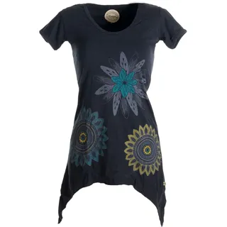 Vishes - Alternative Bekleidung - Asymmetrisch geschnittenes Longshirt, Elfen Tunika mit großen Blumen Bedruckt schwarz 46 - 46