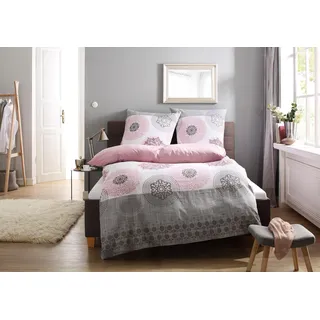 MY HOME Tesso Ornament Polycotton Grau/Rosa 135 x 200 cm + 40 x 80 cm
