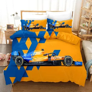 Bettbezug Orange 135x200cm Bettwäsche-Set F1 Auto Mikrofaser drucken Bettbezüge mit Reißverschluss und 2 Kopfkissenbezug 80x80 cm,Atmungsaktiv, Weiche und Angenehme Schlafkomfort