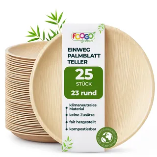 FOOGO Green 25x Palmblatt Teller rund Ø 23 cm – kompostierbar & naturbelassen – extra stabil & fettresistent – nachhaltiges Einweggeschirr für Party & BBQ